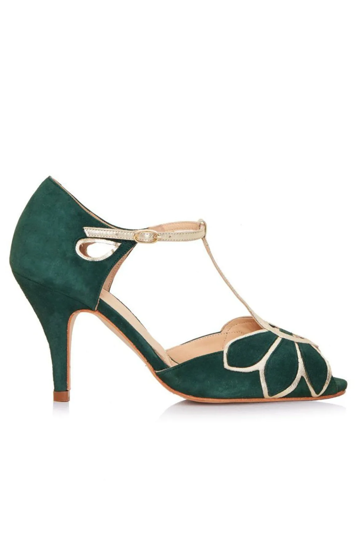 Offener Brautschuh in Tannengrün und Gold - Mimosa